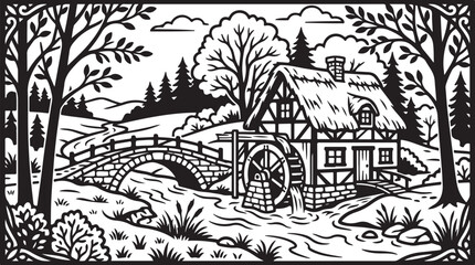 Obraz premium Black and white, vintage mill house, rural landscape, coloring book page, vector illustration
