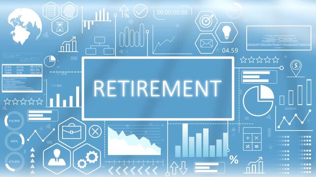 Retirement, Animated Typography.Corporate retirement benefit planning and pension fund dashboard concept showing long-term financial security metrics on a blue graphic screen.