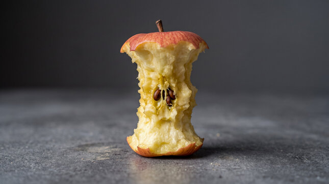 Bitten apple core symbolizing food waste, leftovers, composting, and sustainability.