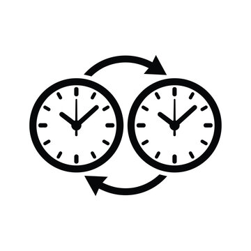 Two Clocks with Circular Exchange Arrows, Time Zone Sync and Shift Change Concept Vector