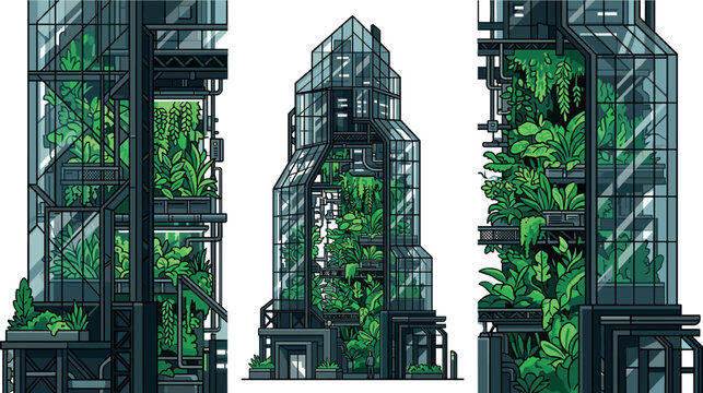 Futuristic Eco Architecture Vector Concept Showing Modern Glass Skyscraper Greenhouses and Sustainable Vertical Farming Buildings with Lush Plants for Urban Design