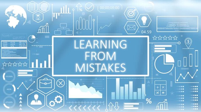 Learning From Mistakes, Animated Typography.Corporate motivation learning from mistakes display with glowing performance optimization metrics and system improvement charts on a blue screen.