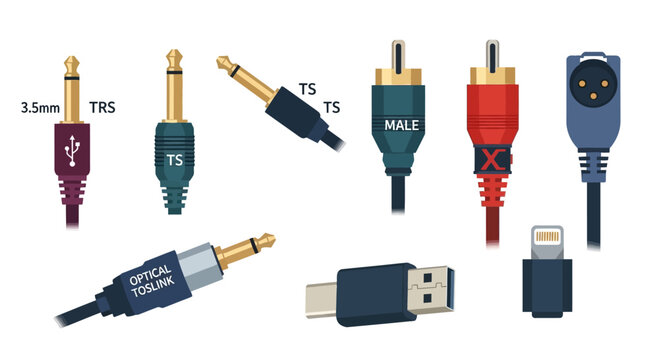 Various audio and data connectors and cables, technology and connectivity concept