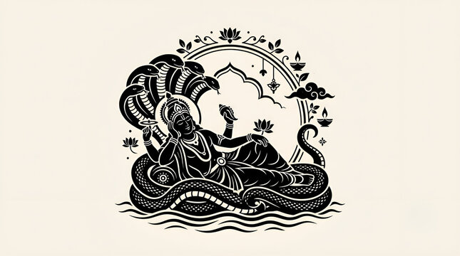 Devshayani Ekadashi Lord Vishnu Reclining on Shesha Naga Vector Illustration