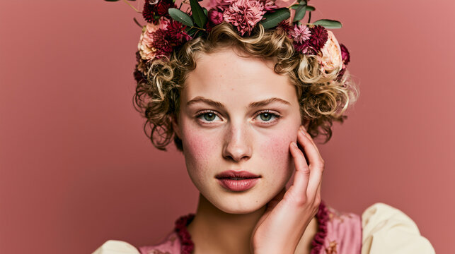 Woman With Floral Crown Touching Cheek Portrait.