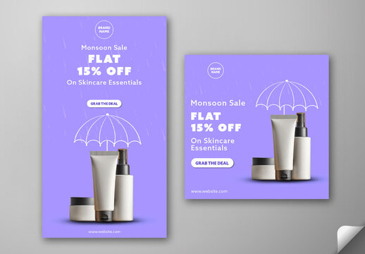 Editable Monsoon Sale Social Media Post and Story Template Design in Purple Color with Flat 15 Percent Off on Skincare Products.