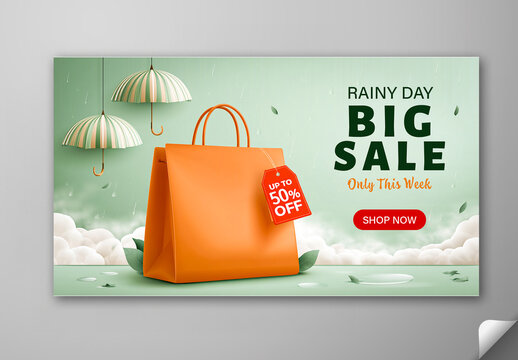 Editable Rainy Day Monsoon Big Sale TV Ads Banner Design with Up to 50 Percent Off on Handbag, Hanging Umbrellas and Clouds on Pastel Green Background.