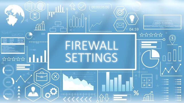 Firewall Settings, Animated Typography.Cybersecurity firewall settings dashboard concept showing network security protocols and data protection metrics on a blue graphic screen.