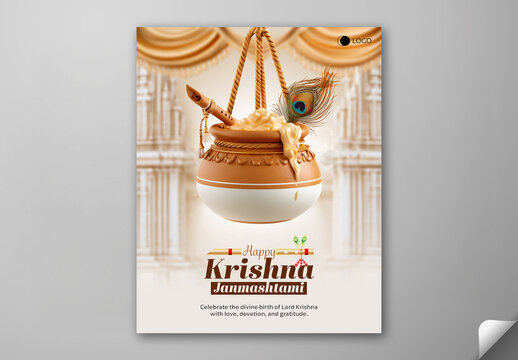 Editable Happy Krishna Janmashtami Social Media Greeting Post Template with Hanging Dahi Handi and Traditional Flute Illustration.
