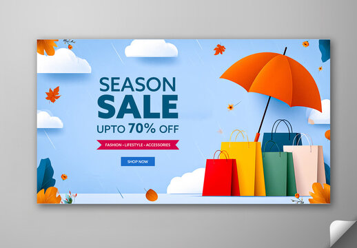 Editable Monsoon Mega Sale TV Ads Banner Design with Up to 70 Percent Off, Colorful Shopping Bags and Umbrella on Blue Background.