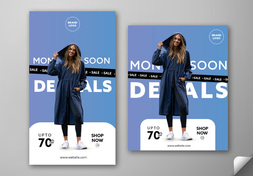 Editable Monsoon Mega Sale Social Media Post and Story Template Design with Up to 70 Percent Off and Blonde Female Model in Raincoat Posing for Photo.