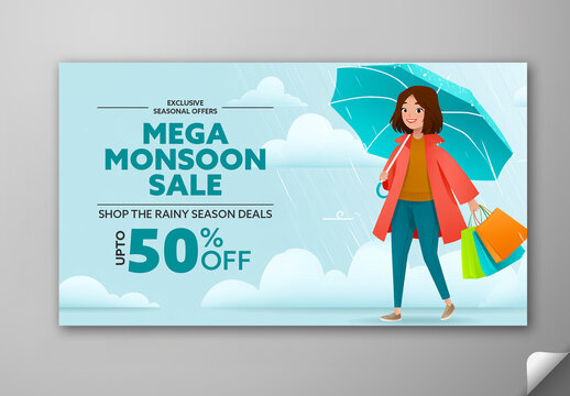 Editable Monsoon Mega Sale TV Ads Banner Design with Up to 50 Percent Off and Young Woman Character Holding an Umbrella After Shopping in the Rain.