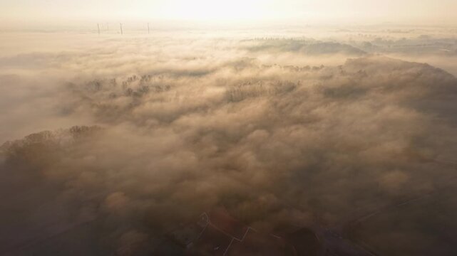 Aerial wide angle panoramic view of thick low lying fog and mist rolling over rural winter forests and fields illuminated by warm golden morning sunrise light with faint wind turbines on the horizon