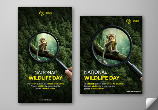 Editable National Wildlife Day Social Media Post and Story Template Design with Monkey Eating Banana on Tree Branch Through Magnifying Glass Closeup Photo.