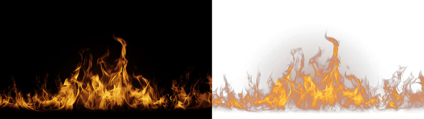 Horizontal realistic fire flames on black and transparent backgrounds. Burning orange fire border overlay. Hot bonfire and spark element © Pro_Light