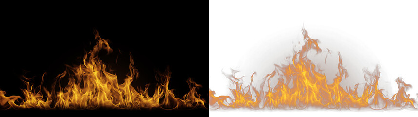Realistic fire flames burning on black and transparent backgrounds. Isolated orange flame border with heat distortion. Fire effect design element © Pro_Light