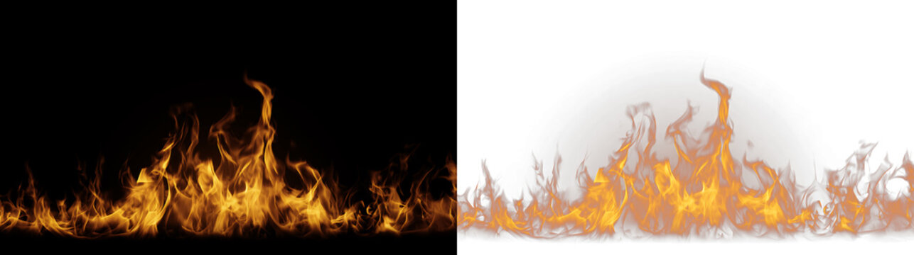 Horizontal realistic fire flames on black and transparent backgrounds. Burning orange fire border overlay. Hot bonfire and spark element