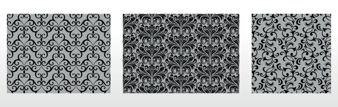 Geometric floral set of seamless patterns. Gray and black vector backgrounds. Damask graphic ornaments