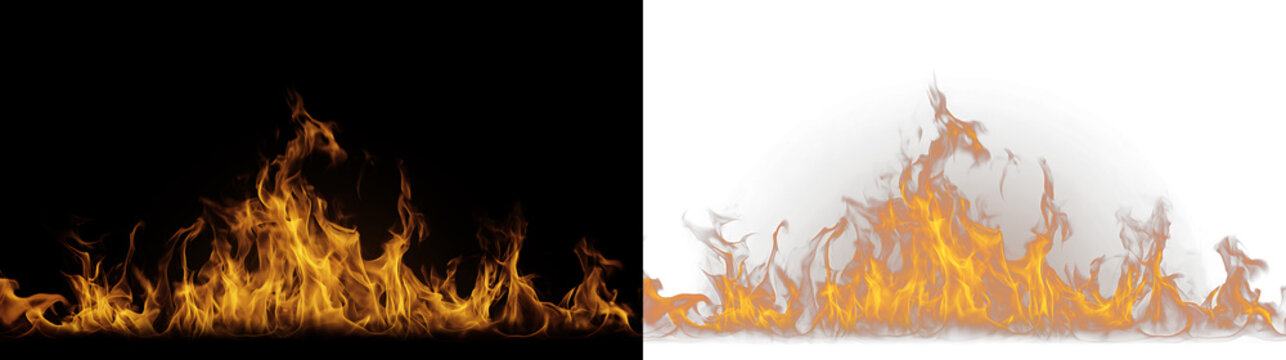 Realistic fire flames burning on black and transparent backgrounds. Isolated orange flame border with heat distortion. Fire effect design element