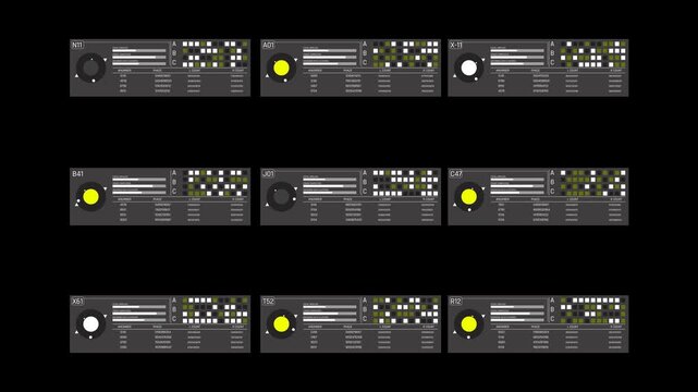 Futuristic Sci Fi HUD Dashboard with Nine Panels of Circular Data Gauges