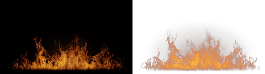 Realistic orange fire flames border on black and transparent background. Burning flame overlay element for graphic design. Horizontal fire line © Pro_Light