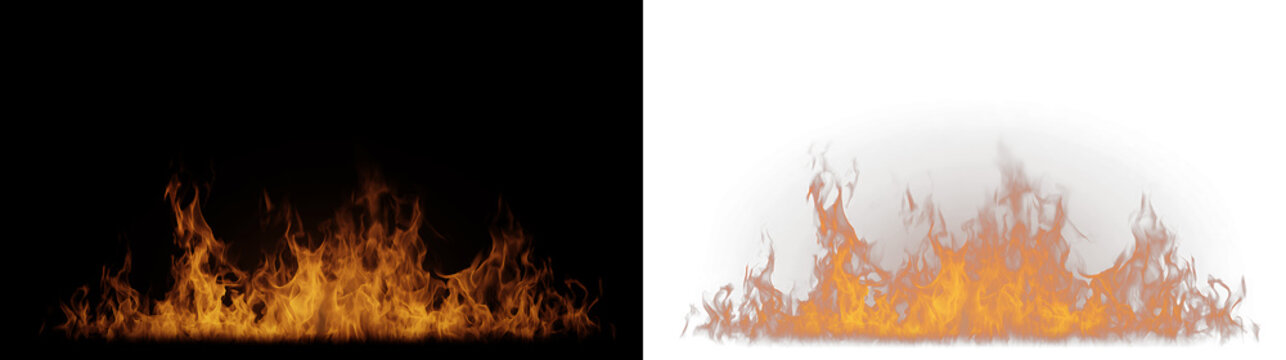 Realistic orange fire flames border on black and transparent background. Burning flame overlay element for graphic design. Horizontal fire line