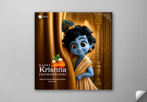 Editable Happy Krishna Janmashtami Social Media Greeting Post Template with 3D Cute Blue Little Krishna Peeking from Golden Curtain Illustration.