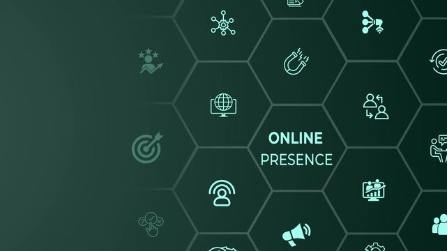 Online presence concept on the colorful background. Digital channels and platforms connecting the audience via websites, social media accounts. Motion graphics of customer engagement idea. 4k video. 