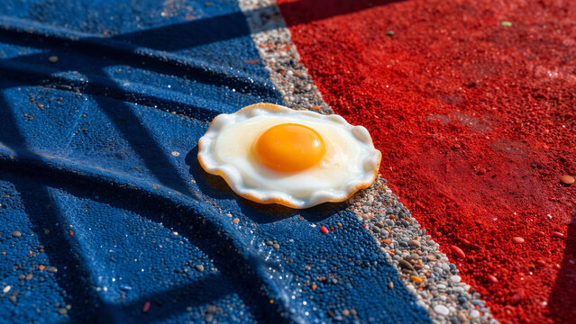 Fried egg on a blue and red textured surface