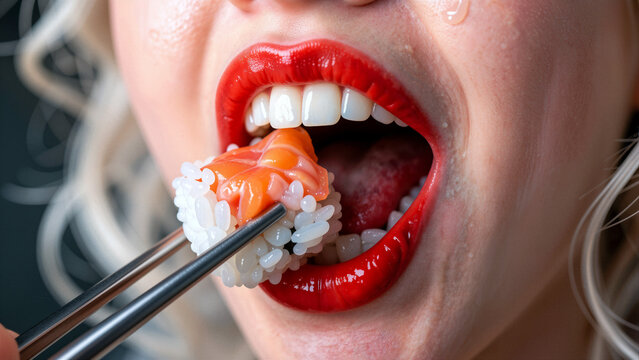 Woman eating sushi with red lips
