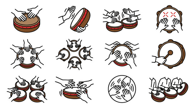 Hands playing various percussion drums, rhythmic music, cultural celebration, diverse drumming styles