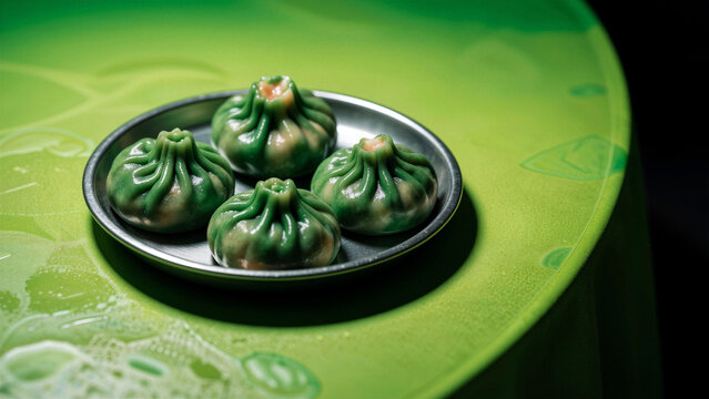 Green dumplings on a bright green surface