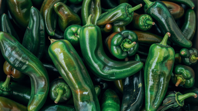 A pile of fresh green chili peppers