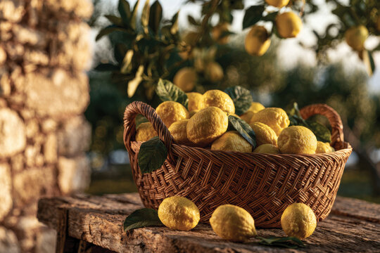 A vibrant display of freshly picked lemons in a rustic basket captures the essence of a fruitful harvest set against a serene outdoor backdrop, evoking warmth and abundance.