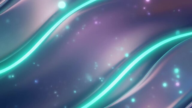 Soft aqua, lavender and pearl gradients flow through crystal clear glass layers with neon cyan edges and luminous particles, creating a premium futuristic abstract background with copy space.