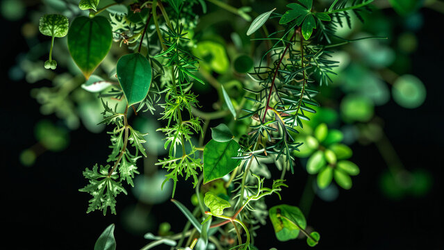 Close-up of hanging green plants against a dark background