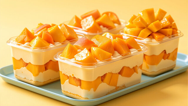 Layers of mango and cream in plastic containers