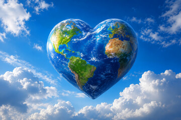 Naklejka premium Heart-shaped planet Earth floating above soft white clouds in a bright blue sky. Surreal illustration. Love for the planet, environmental protection, sustainability, climate awareness, global unity.