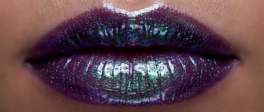 Close-up of lips with metallic purple and green shimmer makeup, featuring bold iridescent glitter finish for cosmetics, beauty, and fashion editorial use.