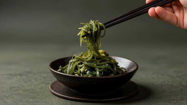 Chopsticks lifting seaweed salad from a bowl