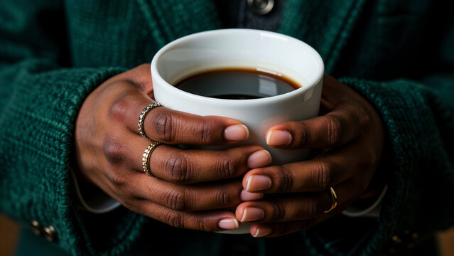 Hands holding a warm cup of coffee