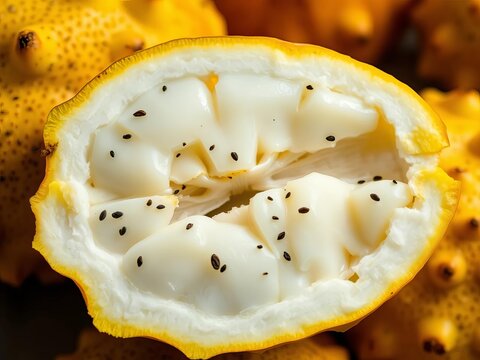 soursop fruit sliced open revealing creamy white interior, sliced, exotic fruit
