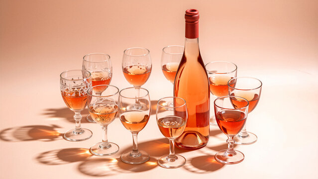 Bottle and glasses of rose wine