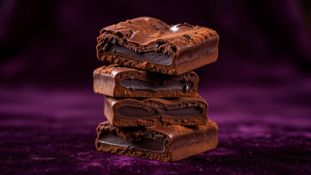 Stack of decadent chocolate brownies on velvet