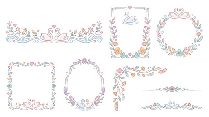 Collection of decorative floral frames and borders with swans and hearts, perfect for invitations and romantic designs. © Pink