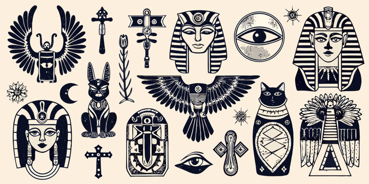 Ancient Egyptian Mythological Symbols And Figures Black Vector Illustration