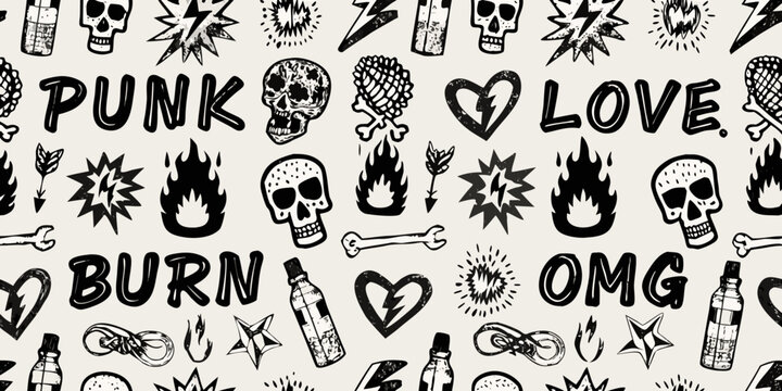Punk rock sticker pattern element with skulls flames and lettering