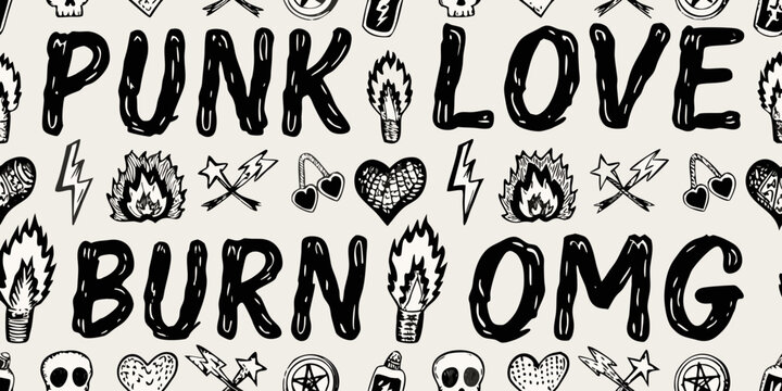 Punk rock sticker pattern element with skulls hearts and lettering