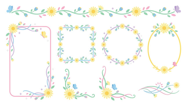 Collection of decorative floral borders and frames with butterflies and leaves in pastel colors.