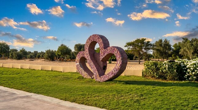 Large textured pink double heart sculpture standing prominently on a vibrant green grass lawn during a beautiful golden hour sunset with soft clouds floating in the bright blue desert sky.